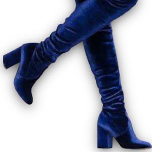 Zara Over The Knee Blue Velour Zip Up Boots Size 10